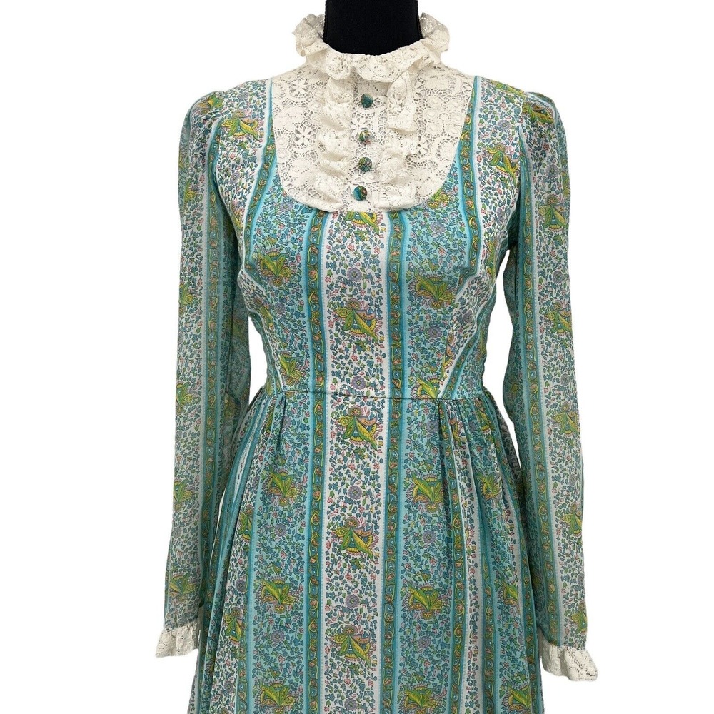 Vintage 60's Blue Pink Floral Print White Lace Prairie Boho Maxi Dress Small - Picture 4 of 12